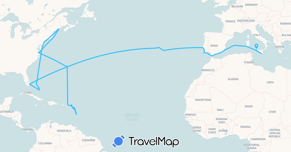 TravelMap itinerary: driving, boat in Antigua and Barbuda, Bermuda, Bahamas, Dominica, Spain, France, Italy, Saint Kitts and Nevis, Netherlands, Portugal, United States, British Virgin Islands (Europe, North America)
